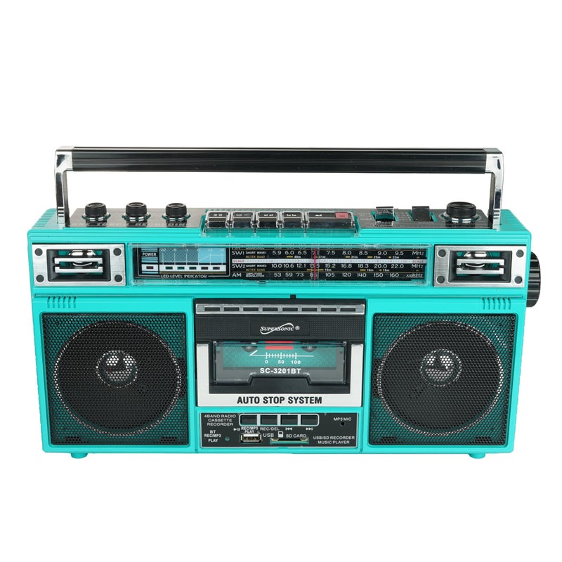 SUPERSONIC راديو وكاسيت سوبر سونيك SC-3201BT 4 نطاق ومكبر صوت، مكبر صوت بلوتوث، راديو AM/FM/SW مع تشغيل MP3، USB وبطاقة SD، 3 نطاق EQ ومدخل سماعة. (أخضر مائل إلى الأزرق) - Image 3