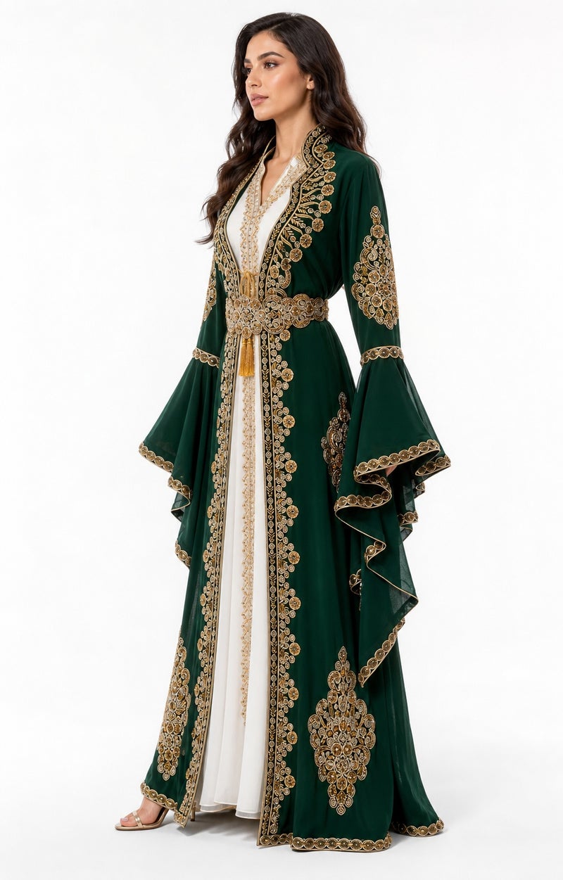 Mohamed Zahabi Women’s Maxi Kaftan with Handcrafted Embellishments – Deep Emerald Green - Image 2