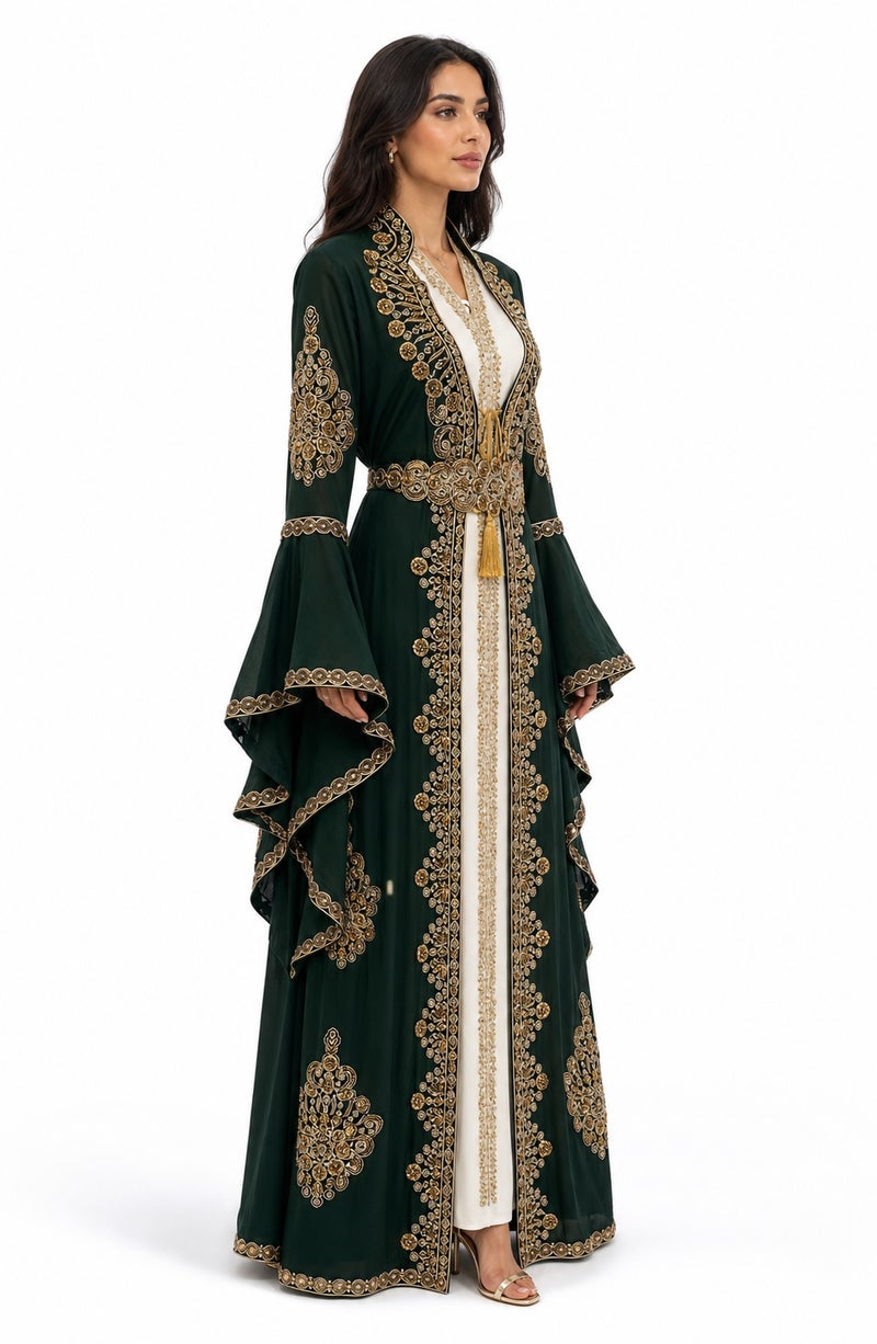 Mohamed Zahabi Women’s Maxi Kaftan with Handcrafted Embellishments – Deep Emerald Green - Image 3
