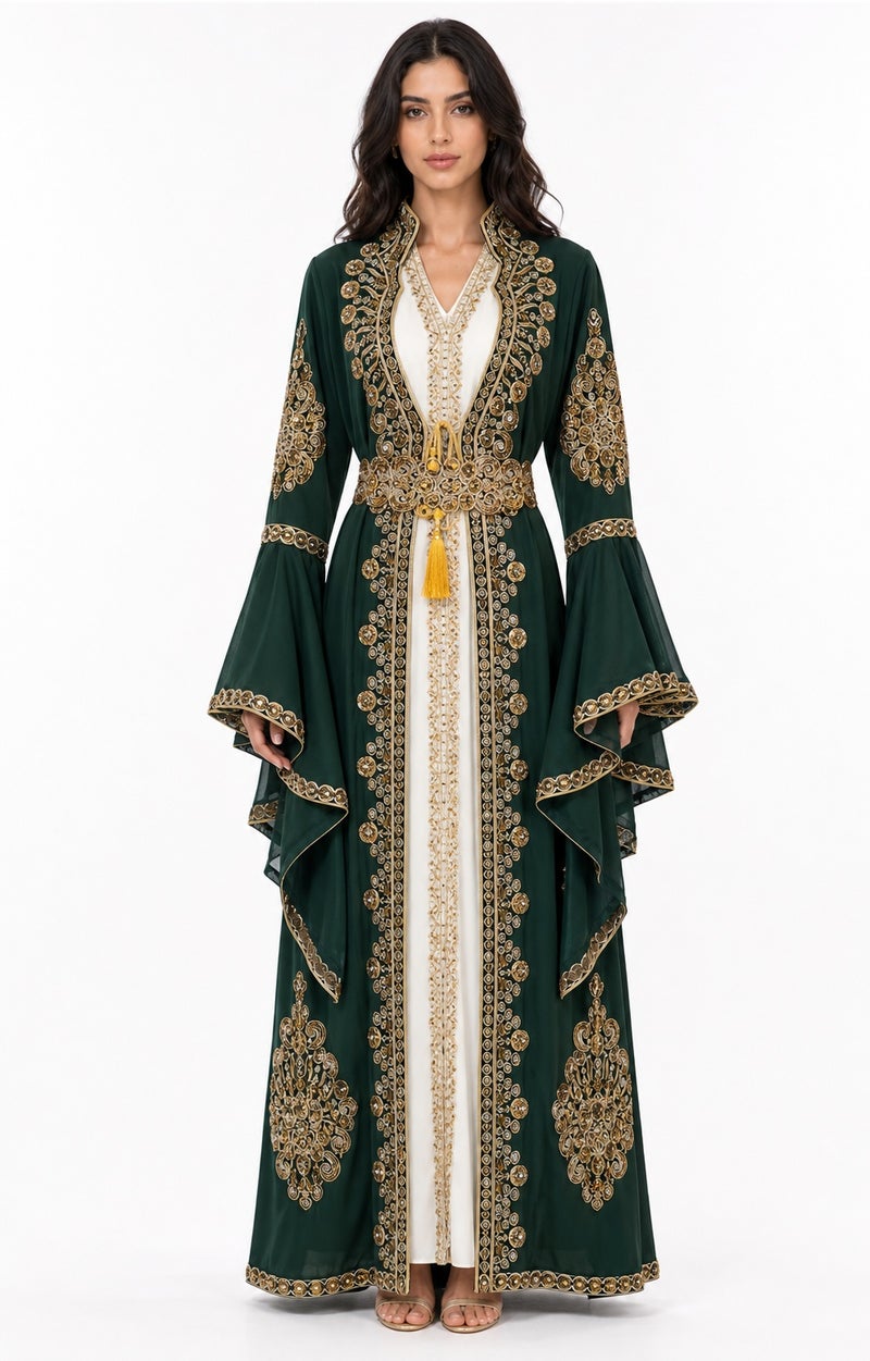 Mohamed Zahabi Women’s Maxi Kaftan with Handcrafted Embellishments – Deep Emerald Green - Image 1