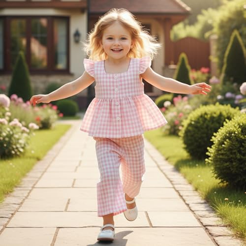 GOOCHEER Toddler Girl Clothes Baby Summer Outfits Plaid Ruffle Sleeveless Vest Tank Tops Pants Set 12 18 24 Month 2T 3T 4T (#Flying-Pink, 18-24 Months) - Image 3