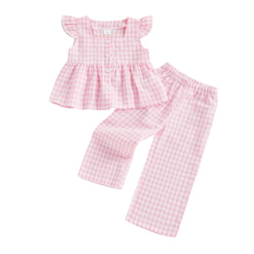 GOOCHEER Toddler Girl Clothes Baby Summer Outfits Plaid Ruffle Sleeveless Vest Tank Tops Pants Set 12 18 24 Month 2T 3T 4T (#Flying-Pink, 18-24 Months) - Image 1
