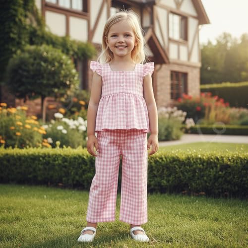 GOOCHEER Toddler Girl Clothes Baby Summer Outfits Plaid Ruffle Sleeveless Vest Tank Tops Pants Set 12 18 24 Month 2T 3T 4T (#Flying-Pink, 18-24 Months) - Image 2