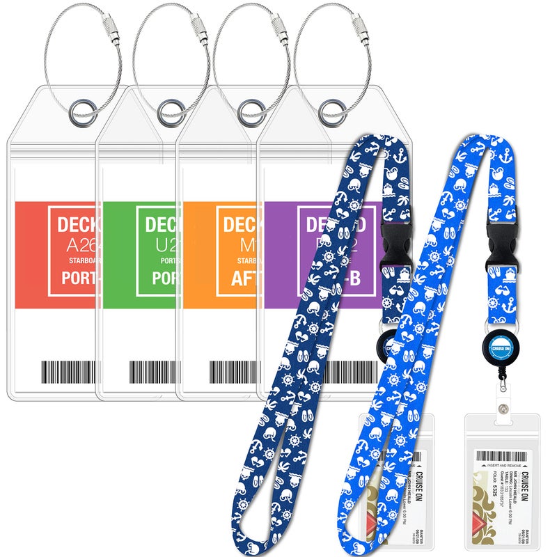 Cruise On Carnival Cruise Luggage Tag Holders (4 Pack) & Lanyards (2 Pack), Large, Clear & Waterproof, Cruise Essentials 2026-2027 for Ship Cards & Baggage â€“ Durable Travel Accessories (Blue Icons) - Image 1