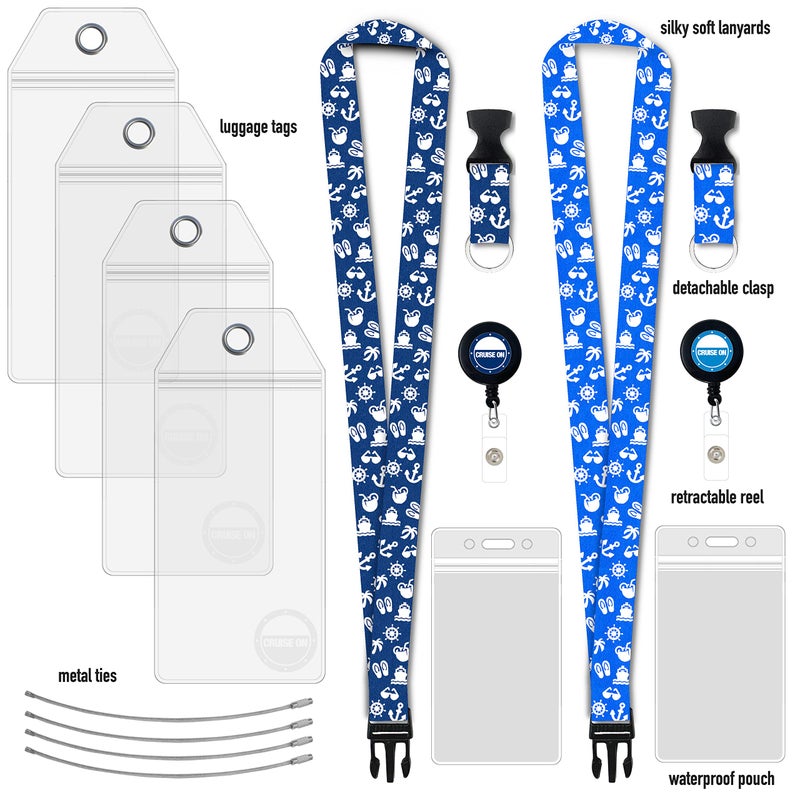 Cruise On Carnival Cruise Luggage Tag Holders (4 Pack) & Lanyards (2 Pack), Large, Clear & Waterproof, Cruise Essentials 2026-2027 for Ship Cards & Baggage â€“ Durable Travel Accessories (Blue Icons) - Image 2