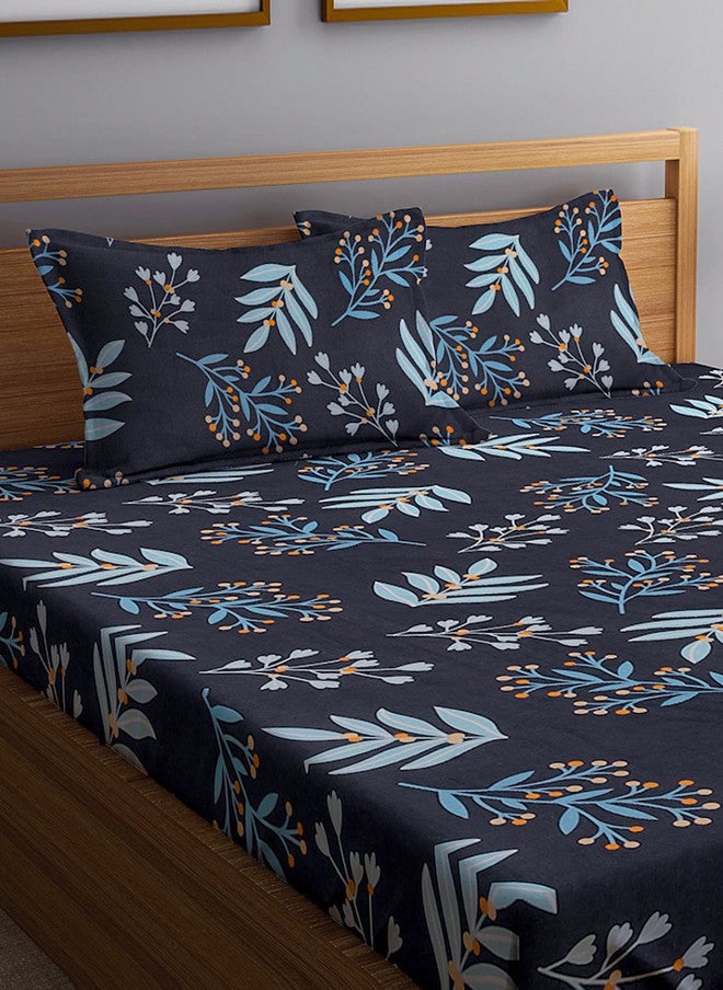 Arrabi Black Floral Cotton 300 TC Fitted King Bedsheet with 2 Pillow Covers - Image 3