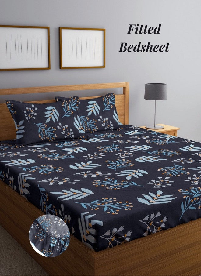 Arrabi Black Floral Cotton 300 TC Fitted King Bedsheet with 2 Pillow Covers - Image 1