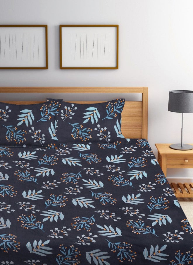 Arrabi Black Floral Cotton 300 TC Fitted King Bedsheet with 2 Pillow Covers - Image 2