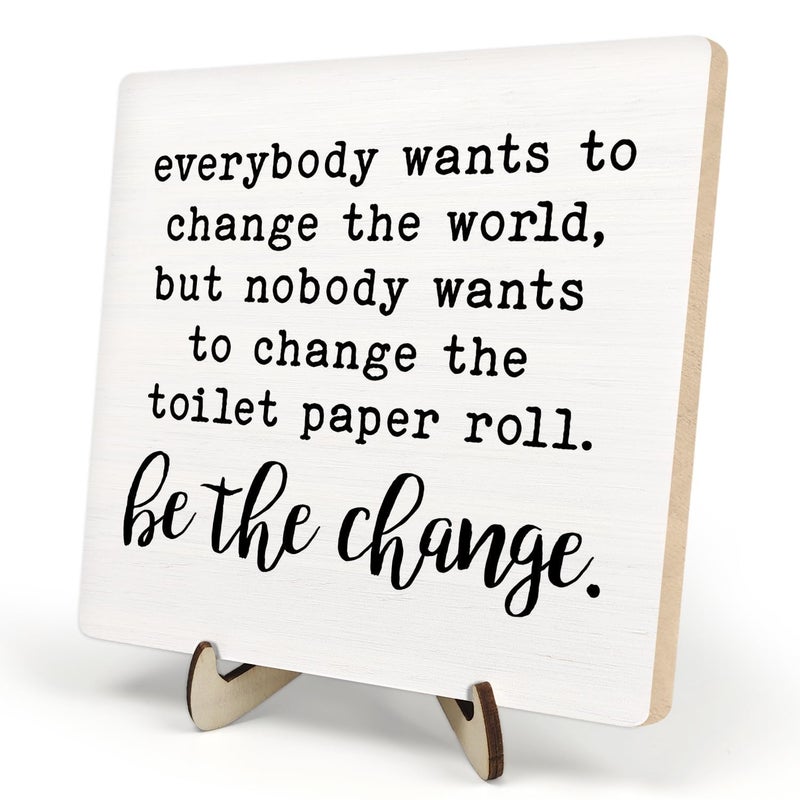DMADNF Bathroom Decor, Vintage Bathroom Wood Plaque Sign, Everyone Wants to Change the World Bathroom Art Decor, Farmhouse Decor for Shelf Bathroom Toilet Home Decor 5.9x5.9 Inch (White7) - Image 1