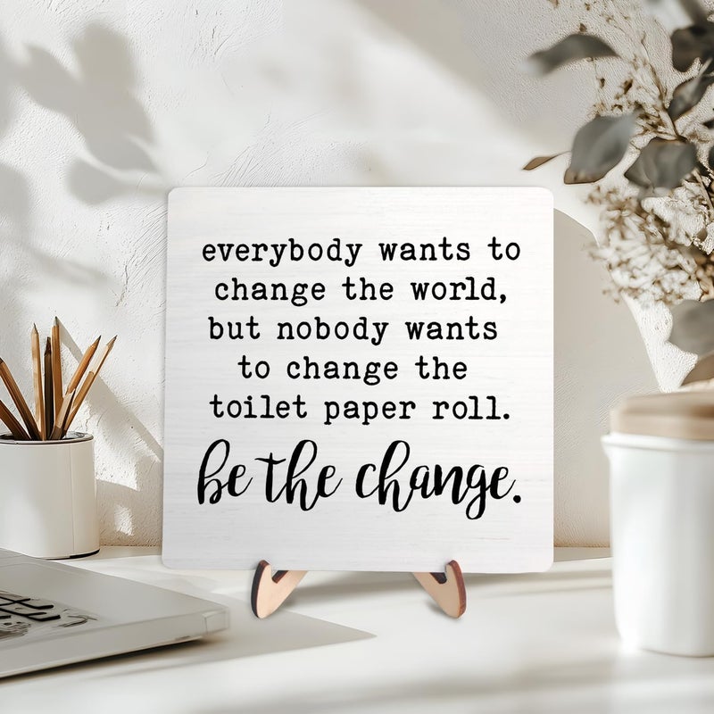 DMADNF Bathroom Decor, Vintage Bathroom Wood Plaque Sign, Everyone Wants to Change the World Bathroom Art Decor, Farmhouse Decor for Shelf Bathroom Toilet Home Decor 5.9x5.9 Inch (White7) - Image 5