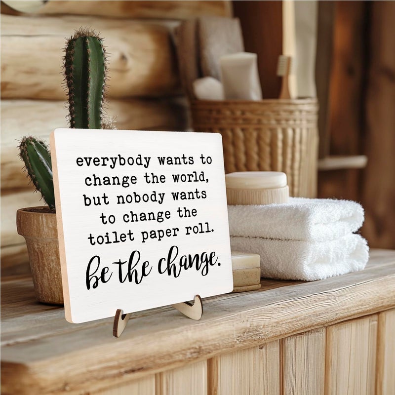 DMADNF Bathroom Decor, Vintage Bathroom Wood Plaque Sign, Everyone Wants to Change the World Bathroom Art Decor, Farmhouse Decor for Shelf Bathroom Toilet Home Decor 5.9x5.9 Inch (White7) - Image 3