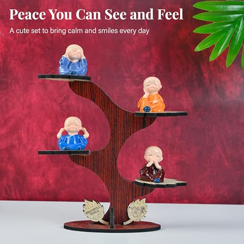 ZAICUS Buddha Monk Showpiece Set of 4 | Wooden Tree Stand Monk Figurines | Decorative Item for Living Room, Office Home Decor, Birthday Gift - Image 3
