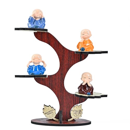 ZAICUS Buddha Monk Showpiece Set of 4 | Wooden Tree Stand Monk Figurines | Decorative Item for Living Room, Office Home Decor, Birthday Gift - Image 1