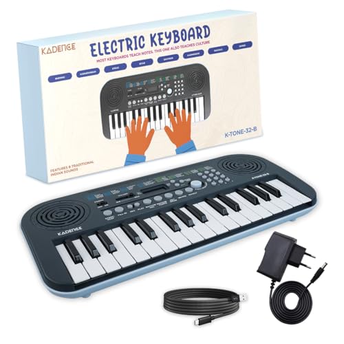 Kadence K-Tone Mini Blue Keyboard – 32 Mini Keys, 128 Tones including 15 Realistic Voices & 8 Indian Instruments, 128 Rhythms, 30 Demo Songs, Kids Keyboard with power adapter (With Adapter) - Image 1