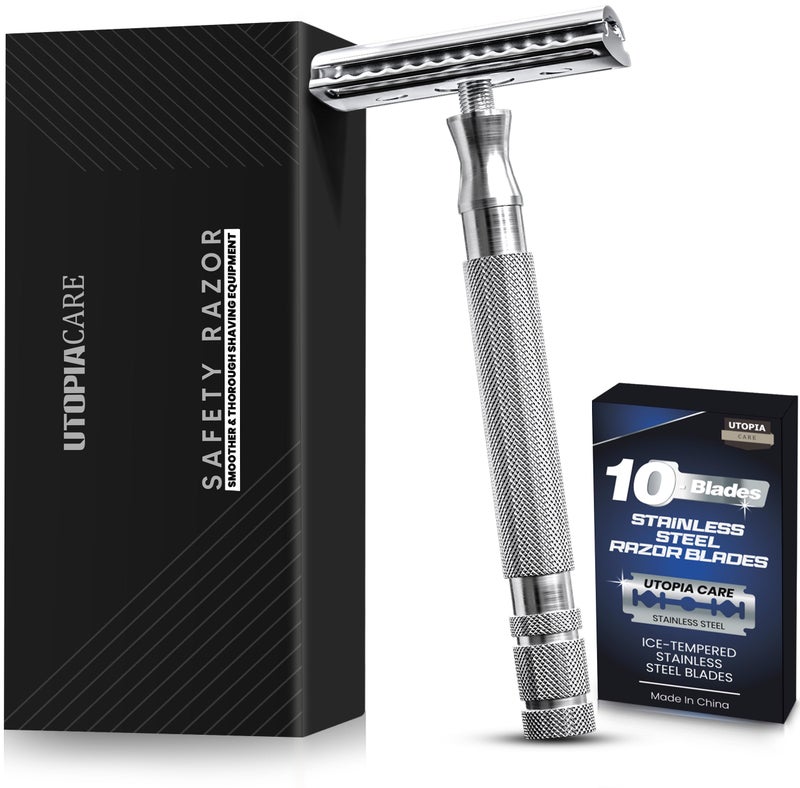 Utopia Care Double Edge Safety Razor for Men & Women with 10 Premium Stainless Steel Blade Refills, Reusable Single Blade Razor, Silver - Image 1