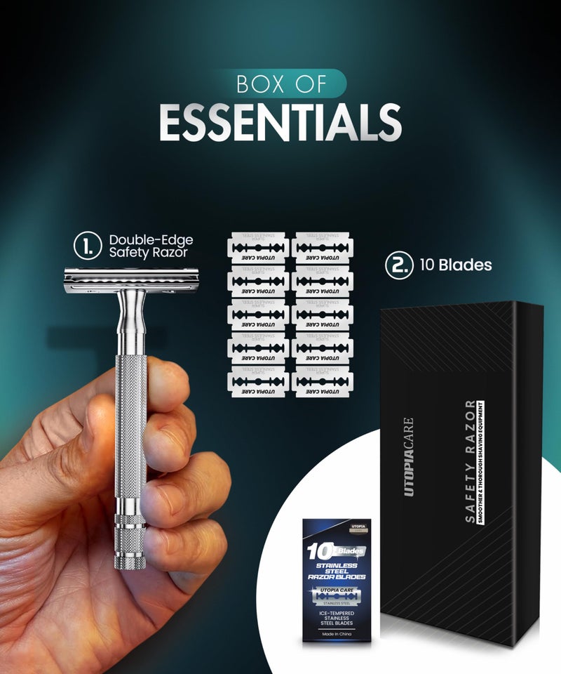 Utopia Care Double Edge Safety Razor for Men & Women with 10 Premium Stainless Steel Blade Refills, Reusable Single Blade Razor, Silver - Image 5