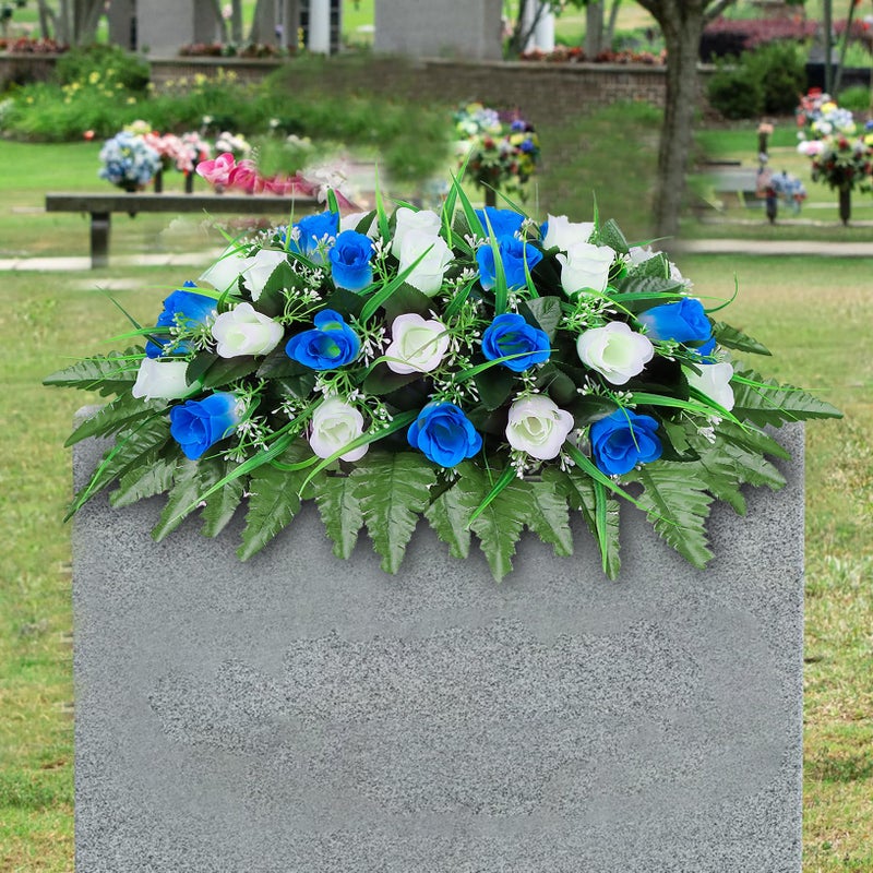 LVXINLI Artificial Cemetery Flower-Outdoor Grave Saddle Headstone Decorations,Blue and White Rose Memorial Day Flowers for gravesite (Blue and White)â€¦ - Image 1
