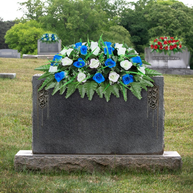 LVXINLI Artificial Cemetery Flower-Outdoor Grave Saddle Headstone Decorations,Blue and White Rose Memorial Day Flowers for gravesite (Blue and White)â€¦ - Image 4