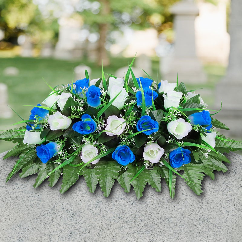 LVXINLI Artificial Cemetery Flower-Outdoor Grave Saddle Headstone Decorations,Blue and White Rose Memorial Day Flowers for gravesite (Blue and White)â€¦ - Image 3