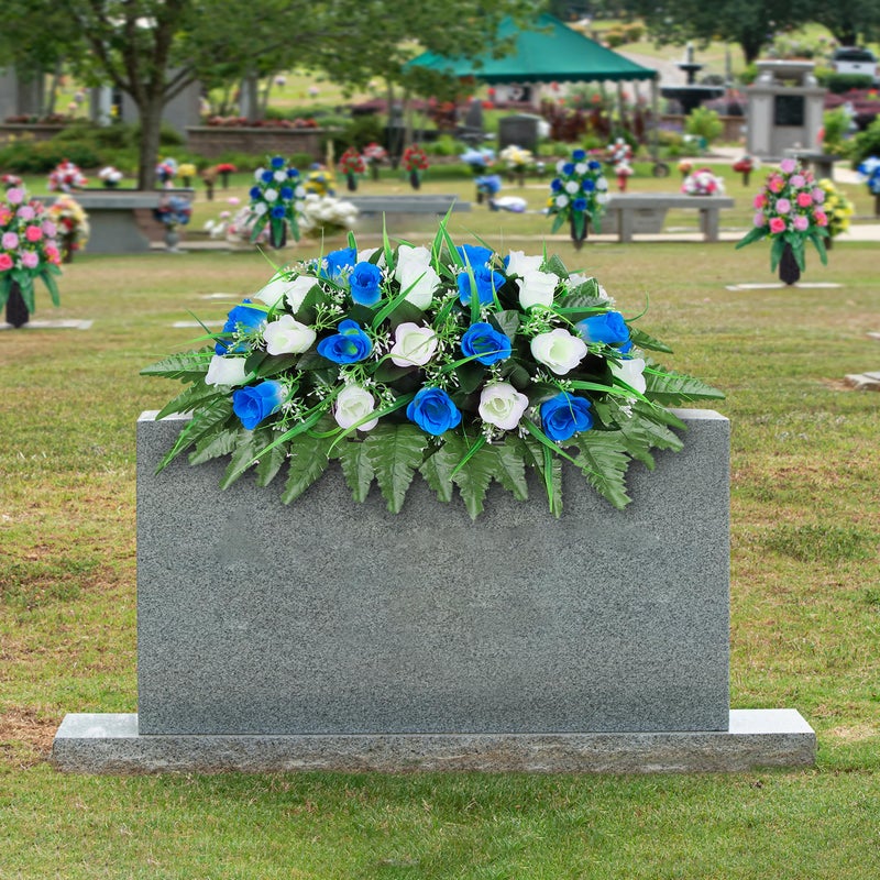 LVXINLI Artificial Cemetery Flower-Outdoor Grave Saddle Headstone Decorations,Blue and White Rose Memorial Day Flowers for gravesite (Blue and White)â€¦ - Image 2