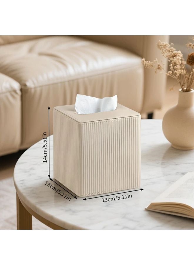 White Leather Square Tissue Box With Magnetic Closure Roman Column Stripe Design - Image 5