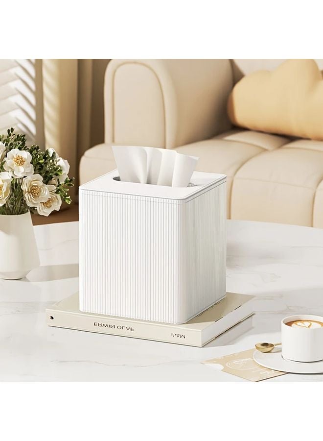 White Leather Square Tissue Box With Magnetic Closure Roman Column Stripe Design - Image 1