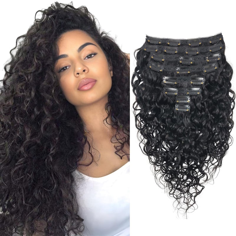 Doren Deep Curly Clip in Human Hair Extensions for Women 8Pcs 20Clips 120g Brazilian Remy Hair Water Wave Clip Ins Natural Black 20 Inches