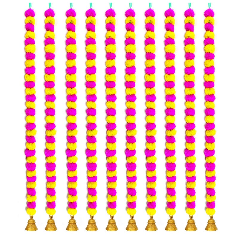 iHandikart iHandikart Artificial Garlands with Bell in The Bottom Used for Navratri Decoration Diwali Decorations Color Yellow Pink Pack of 10 HV31048B  - Image 1