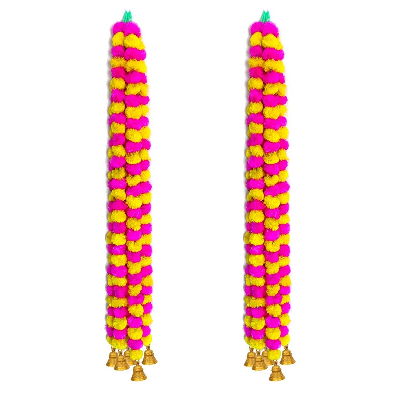iHandikart iHandikart Artificial Garlands with Bell in The Bottom Used for Navratri Decoration Diwali Decorations Color Yellow Pink Pack of 10 HV31048B  - Image 2