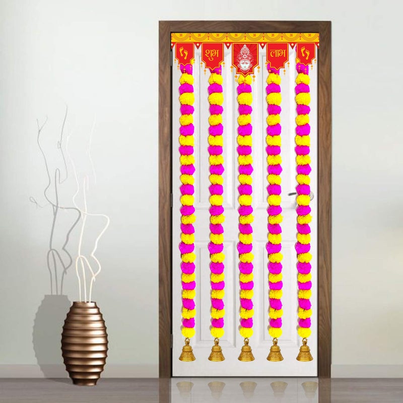 iHandikart iHandikart Artificial Garlands with Bell in The Bottom Used for Navratri Decoration Diwali Decorations Color Yellow Pink Pack of 10 HV31048B  - Image 3