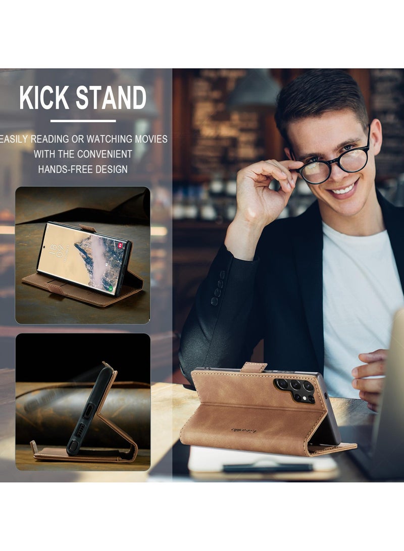 CaseMe Samsung Galaxy S25 Ultra Wallet Case Book Folding Flip Folio Case with Magnetic Kickstand Card Slots Protective Cover - Brown - Image 4