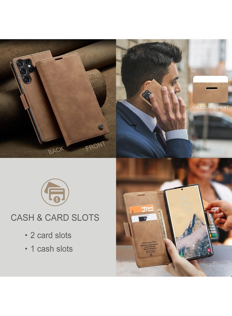 CaseMe Samsung Galaxy S25 Ultra Wallet Case Book Folding Flip Folio Case with Magnetic Kickstand Card Slots Protective Cover - Brown - Image 5
