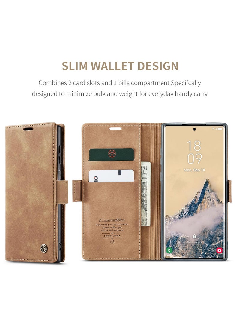 CaseMe Samsung Galaxy S25 Ultra Wallet Case Book Folding Flip Folio Case with Magnetic Kickstand Card Slots Protective Cover - Brown - Image 2