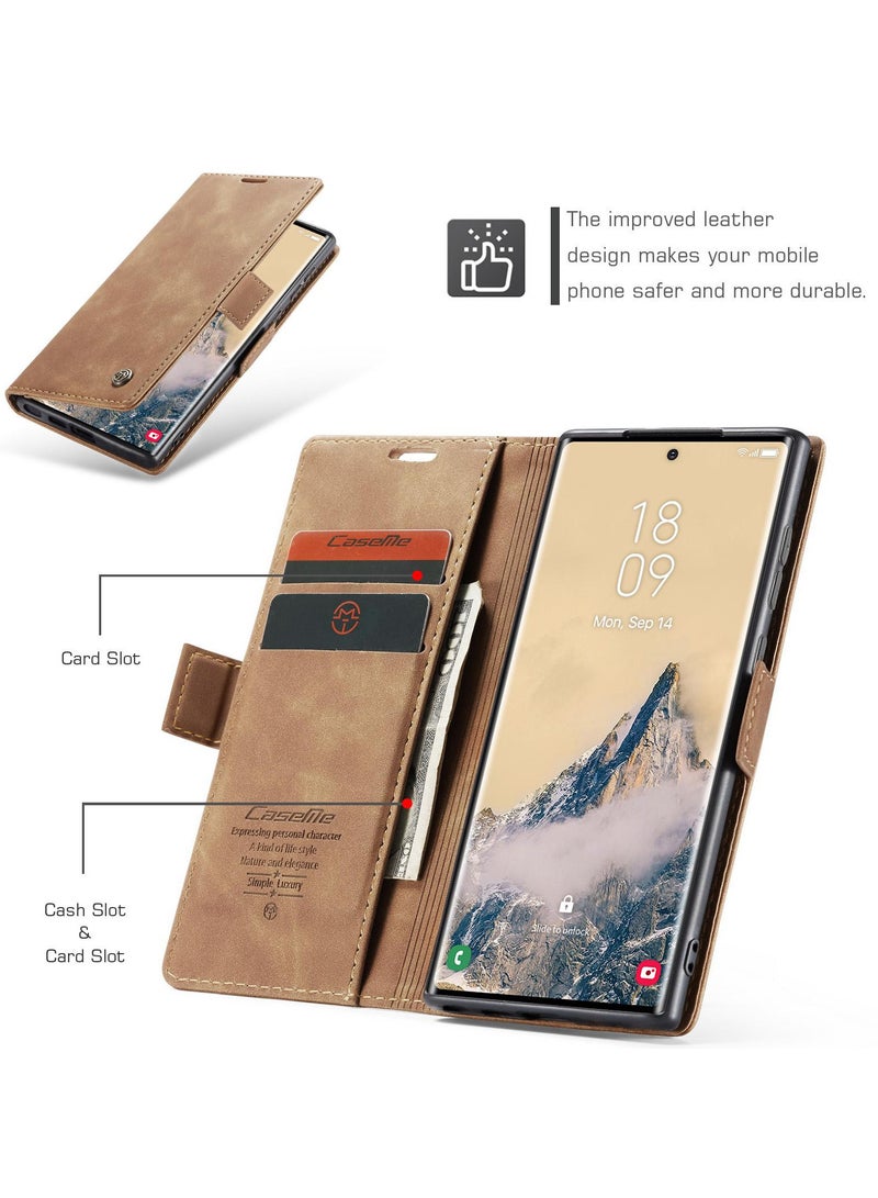 CaseMe Samsung Galaxy S25 Ultra Wallet Case Book Folding Flip Folio Case with Magnetic Kickstand Card Slots Protective Cover - Brown - Image 3