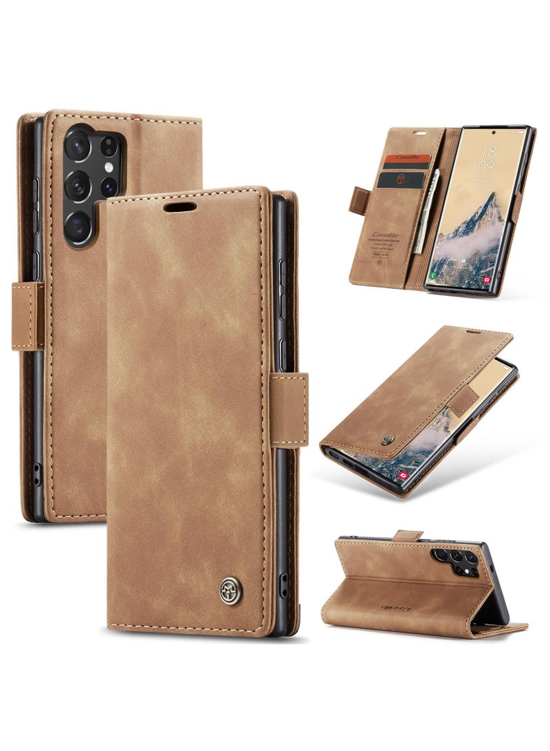 CaseMe Samsung Galaxy S25 Ultra Wallet Case Book Folding Flip Folio Case with Magnetic Kickstand Card Slots Protective Cover - Brown - Image 1