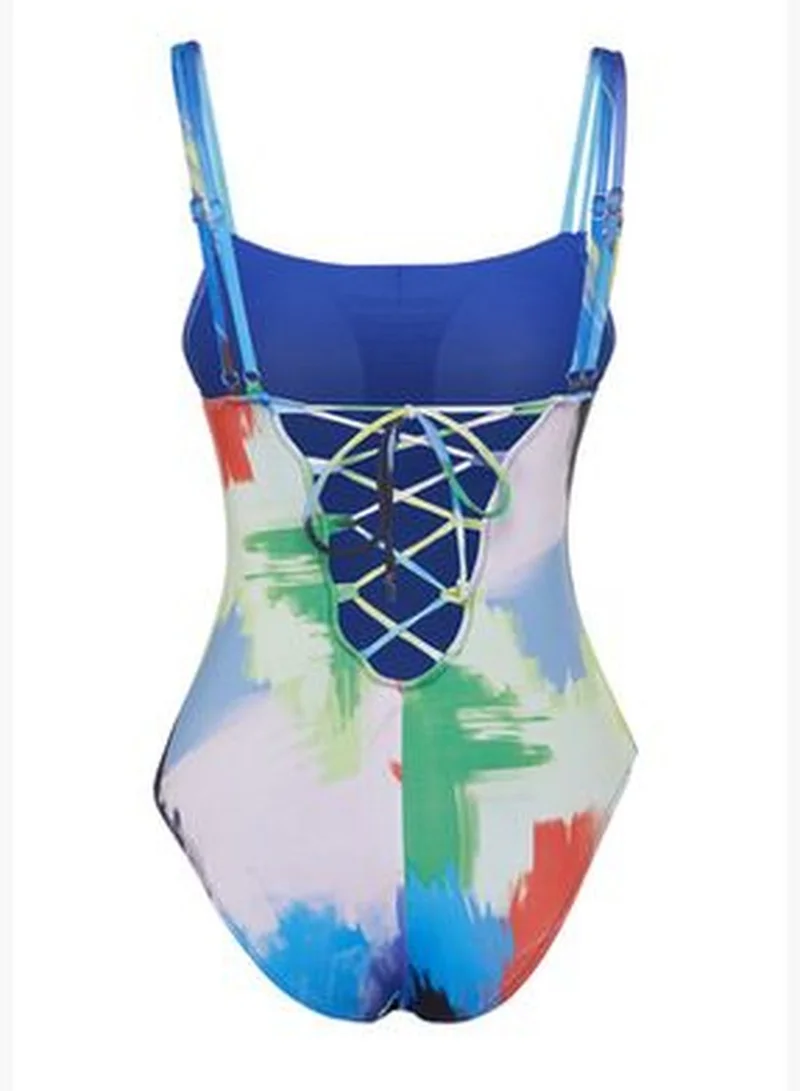 trendyol Abstract Patterned Square Neck Webbing Swimsuit TBESS22MA0173