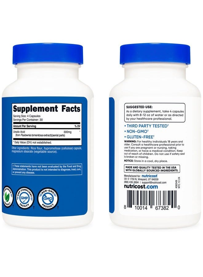 Nutricost حمض أورسوليك 300 ملغ، 120 كبسولة - نباتي، غير معدّل وراثيًا، خالي من الغلوتين، خالي من الصويا - Image 4