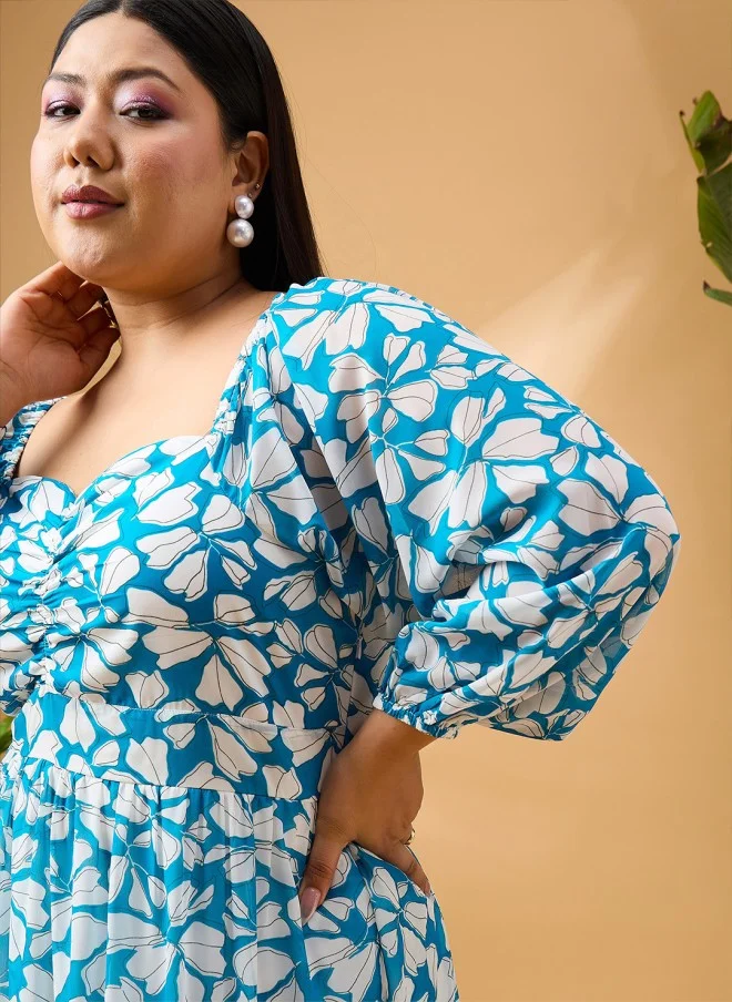 SASSAFRAS Turquoise Blue Floral Printed Midi Dress for Women