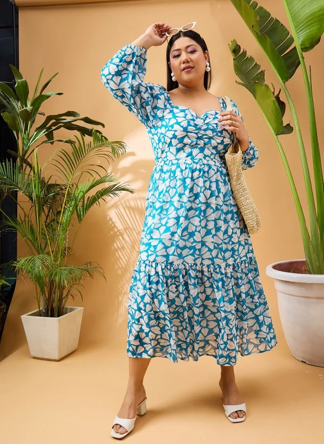 SASSAFRAS Turquoise Blue Floral Printed Midi Dress for Women