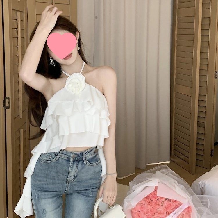 Pure Desire Spice Girl Hanging Halter Vest Women'S Outer Wear Design Sense Elegant Ruffled All-Match Top Trendy - Image 1
