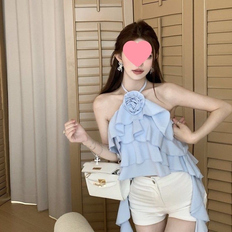 Pure Desire Spice Girl Hanging Halter Vest Women'S Outer Wear Design Sense Elegant Ruffled All-Match Top Trendy - Image 3