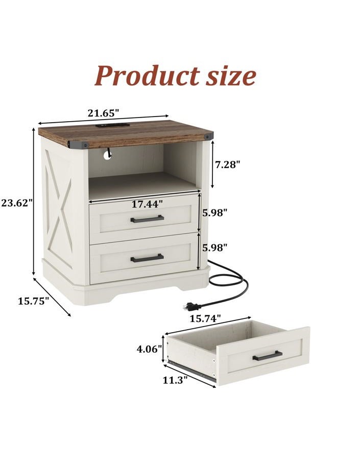 YUSONG 24” Tall Farmhouse Nightstand, Rustic Wooden Night Stand with Charging Station, Beside Table with Drawers and Open Storage, End Tables for Bedroom, White - Image 3
