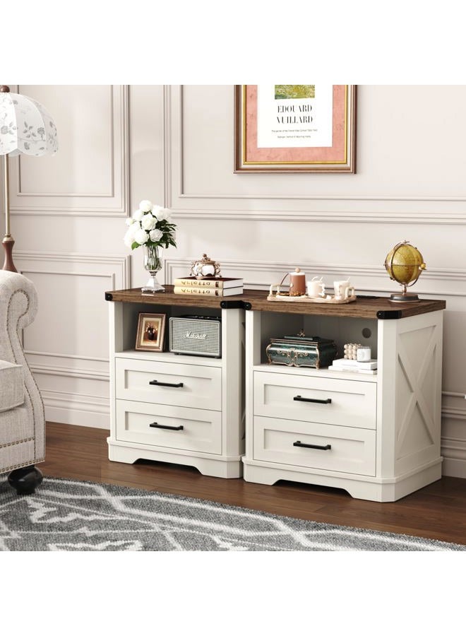 YUSONG 24” Tall Farmhouse Nightstand, Rustic Wooden Night Stand with Charging Station, Beside Table with Drawers and Open Storage, End Tables for Bedroom, White - Image 4