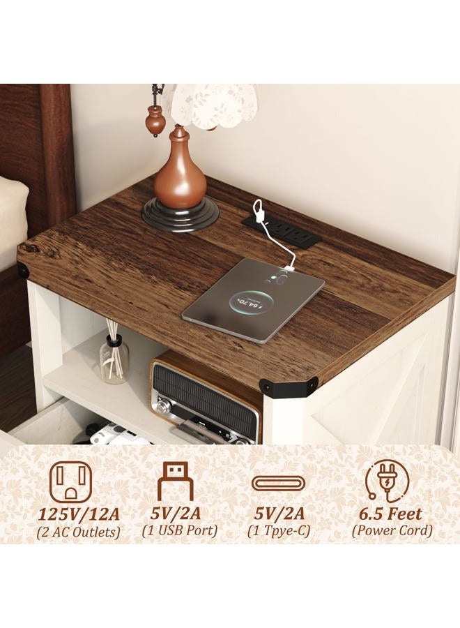 YUSONG 24” Tall Farmhouse Nightstand, Rustic Wooden Night Stand with Charging Station, Beside Table with Drawers and Open Storage, End Tables for Bedroom, White - Image 5