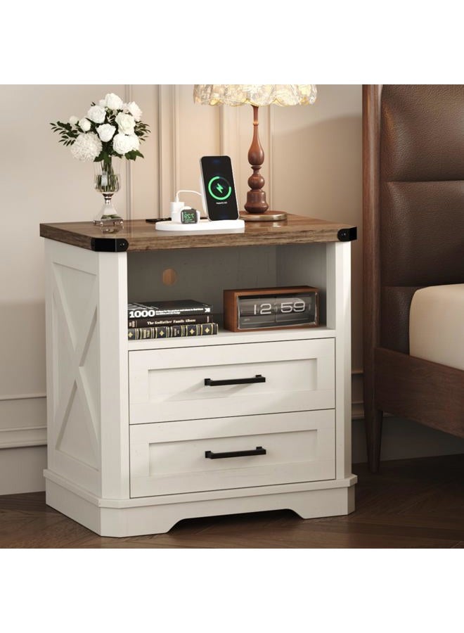 YUSONG 24” Tall Farmhouse Nightstand, Rustic Wooden Night Stand with Charging Station, Beside Table with Drawers and Open Storage, End Tables for Bedroom, White - Image 1