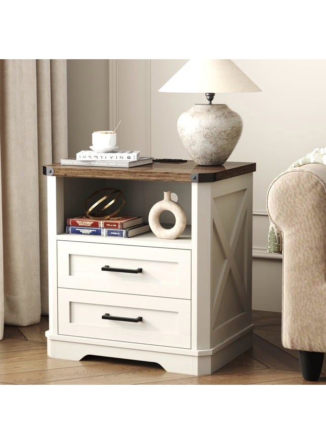 YUSONG 24” Tall Farmhouse Nightstand, Rustic Wooden Night Stand with Charging Station, Beside Table with Drawers and Open Storage, End Tables for Bedroom, White - Image 2