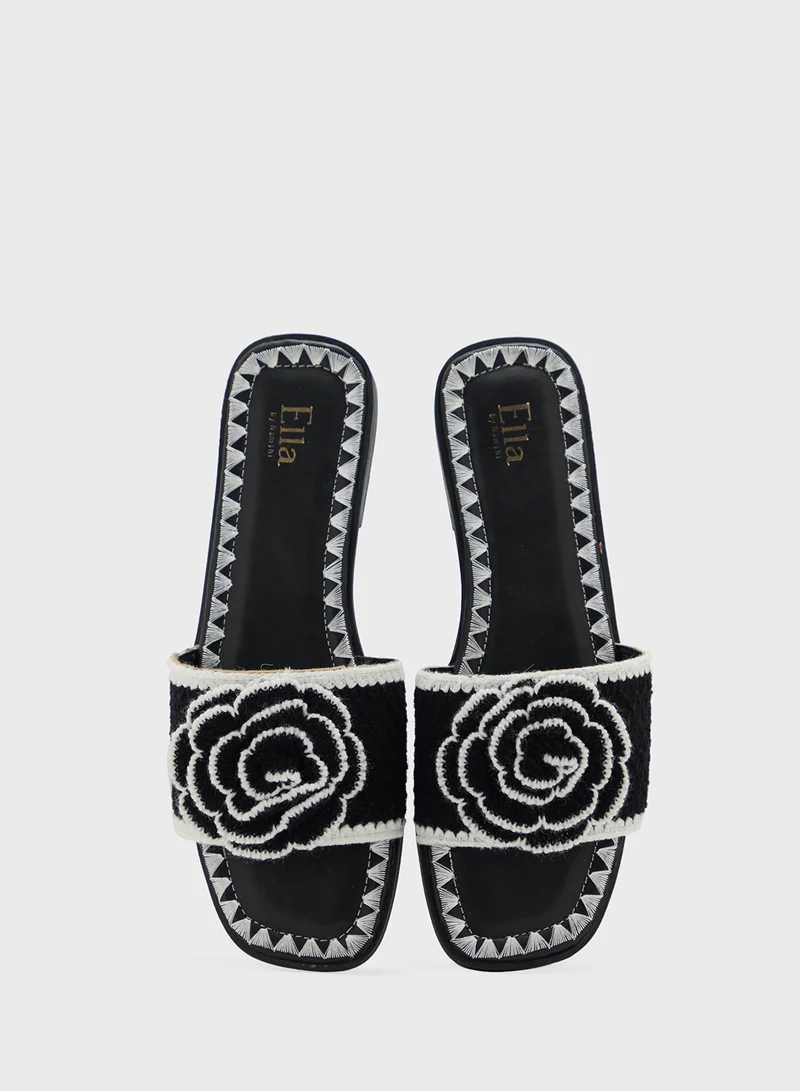 ELLA Constrast Stitch Embroidered Rose Floral Flat Sandal