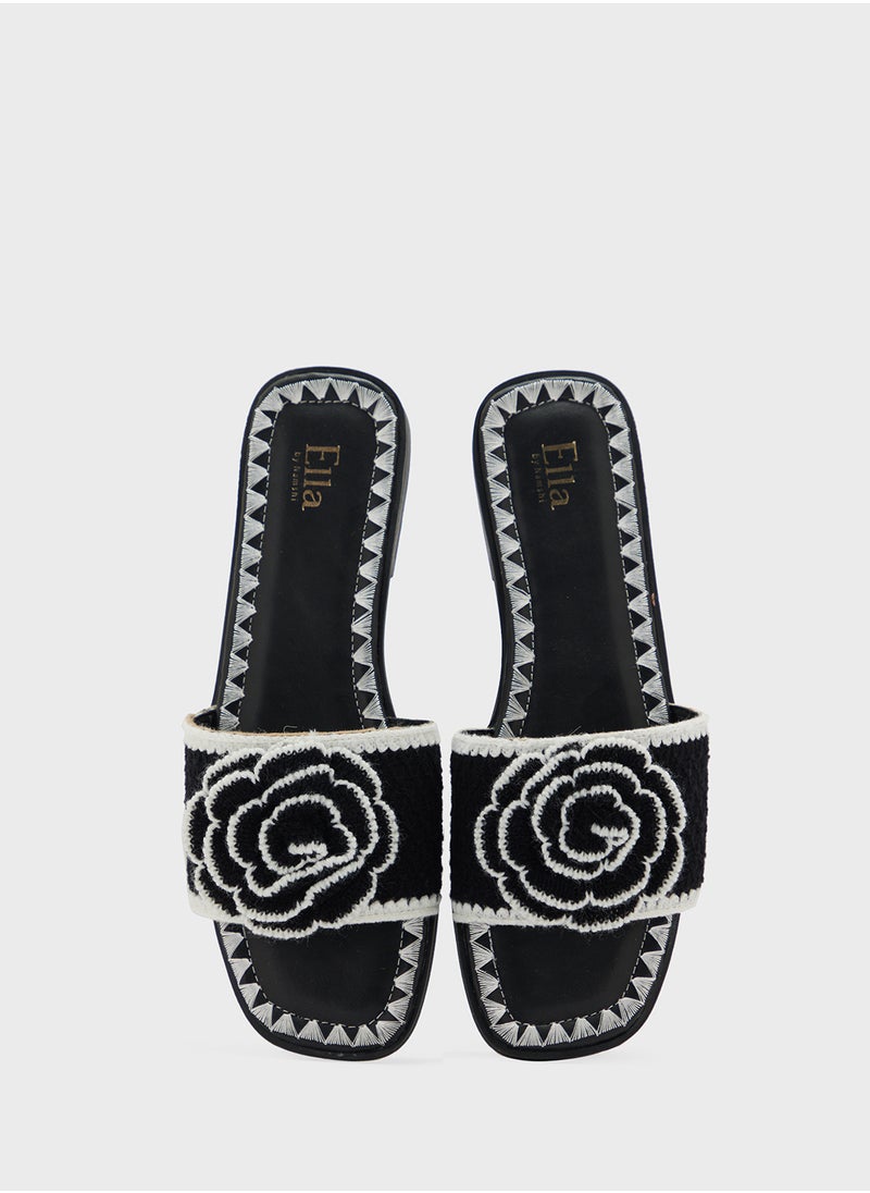ELLA Constrast Stitch Embroidered Rose Floral Flat Sandal  - Image 3