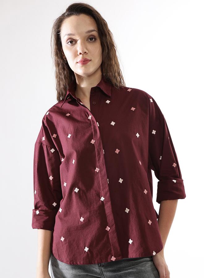 HIGH STAR Women'S Wine Poplin Embroidered Button Down Oversized Shirt - Image 5