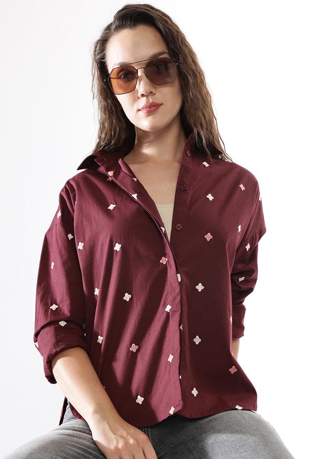 HIGH STAR Women'S Wine Poplin Embroidered Button Down Oversized Shirt - Image 1